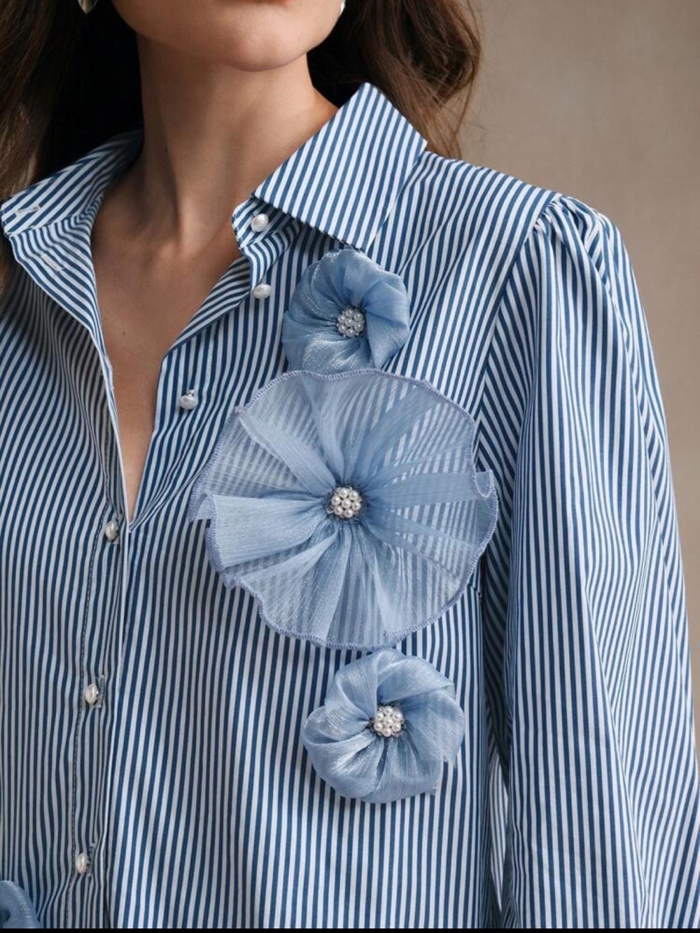 Women Elegant Striped Floral Print Puff Sleeve Blouse
